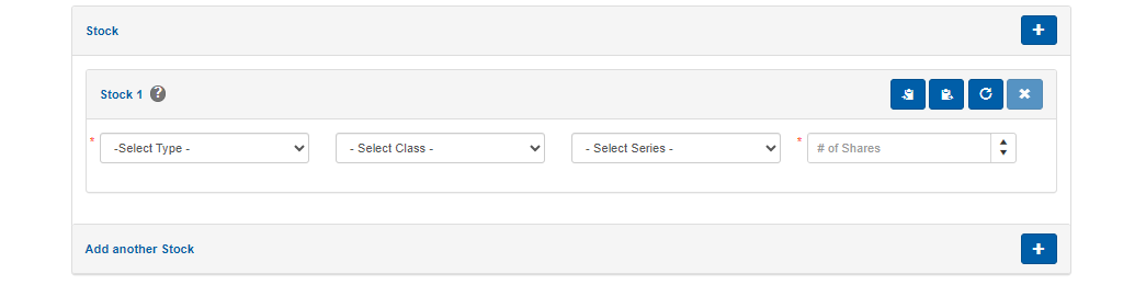 Step 7-- enter the information for Stock(s); enter the Type, Class, Series and the number of Shares