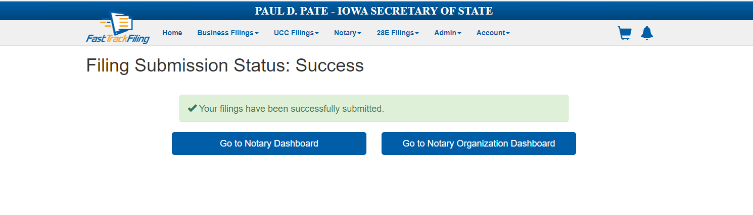 Filing Submission Status Success Message