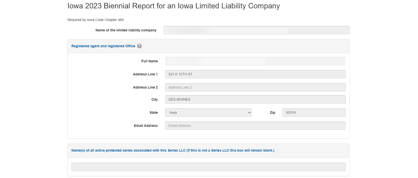 Biennial Report Form-- fill in LLC Name, Registered Agent & Registered Office, Protected Series box